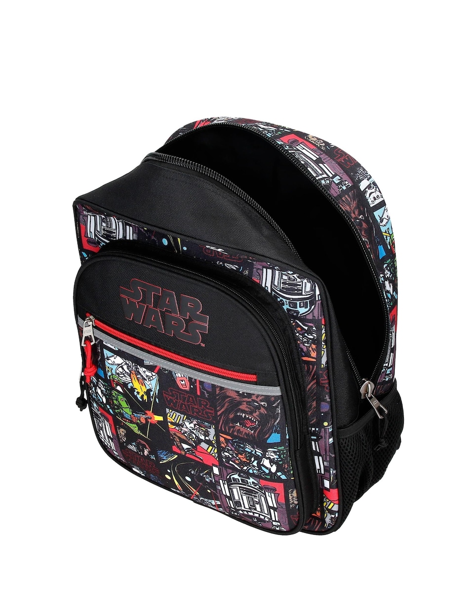 Mochila Escolar Galactic Team com Bolsos Frontais e Laterais com Carrinho Preto-4