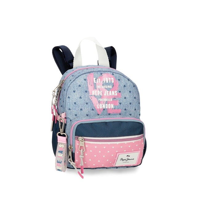 Imagem 0 de Mochila escolar  Pepe Jeans Noni Denim com bolso frontal e porta-chaves decorativo