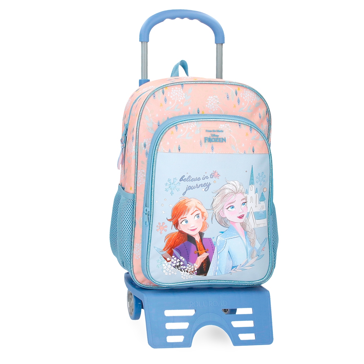 Mochila Believe In The Journey 40 Cm com Bolsos Laterais e com Carrinho Azul-1