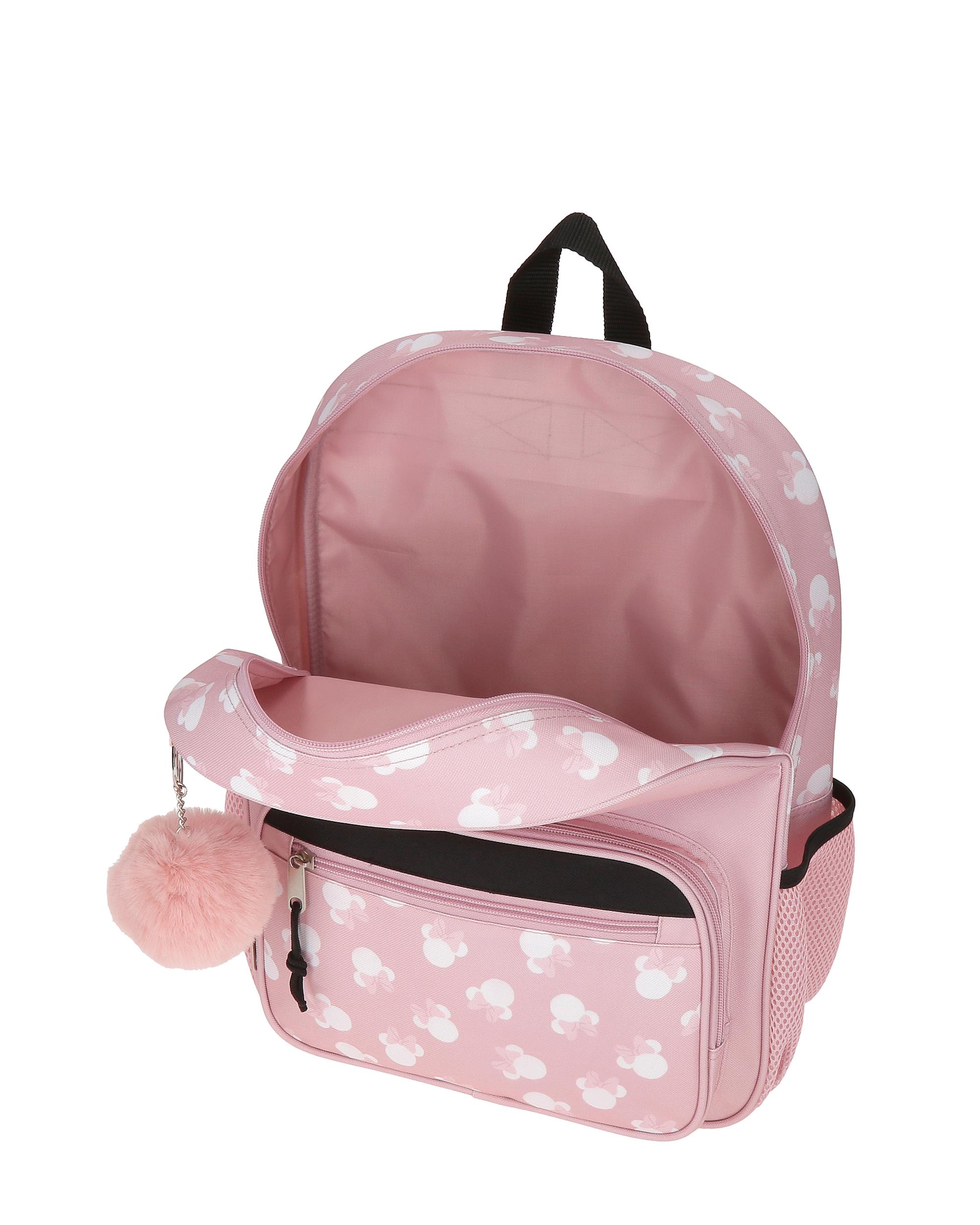 Mochila Escolar Minnie Heads 38cm Adaptável a Carro Rosa-4