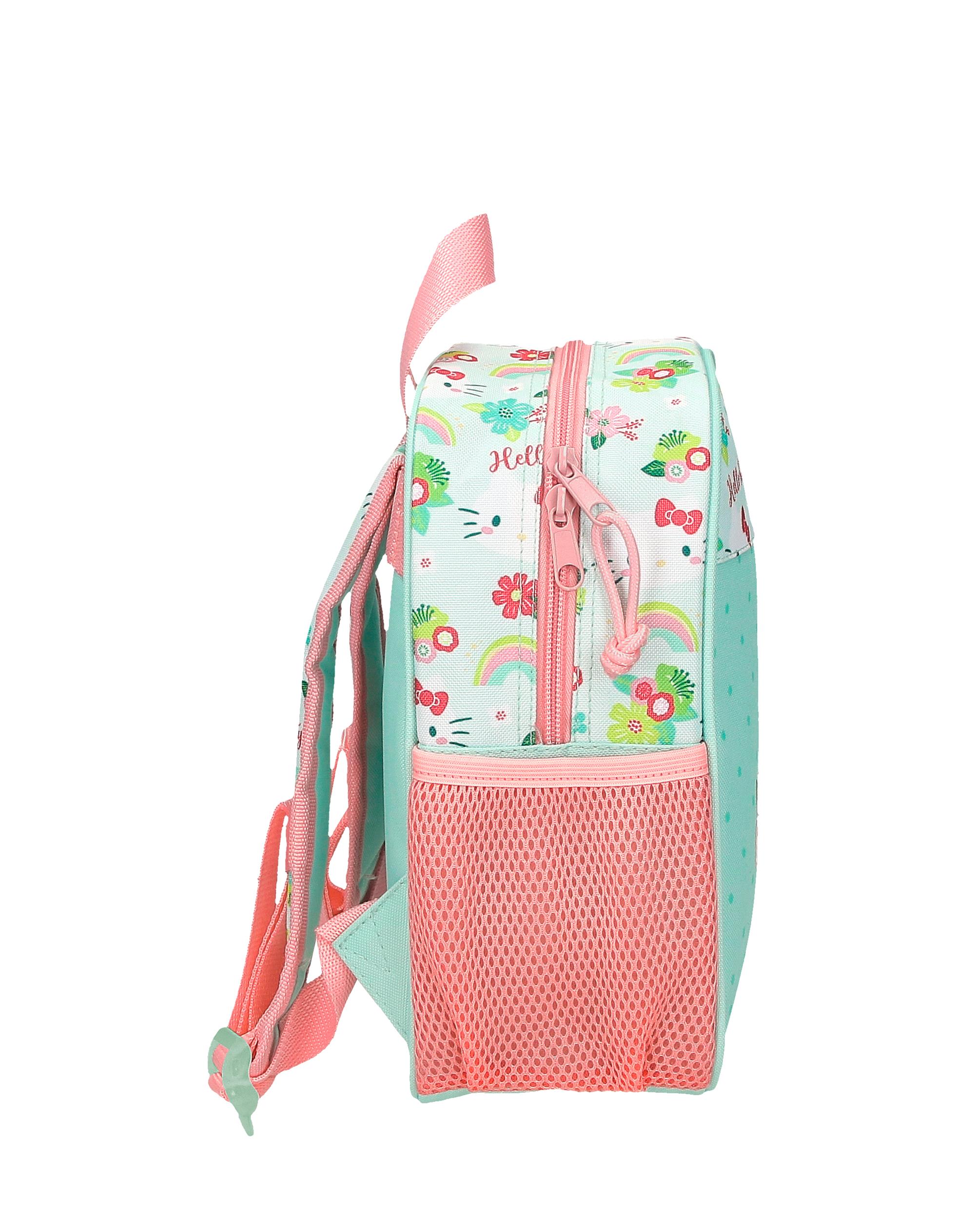 Mochila Pré-escolar Hello Kitty Floral Kitty 25cm Adaptável a Carro Verde-2