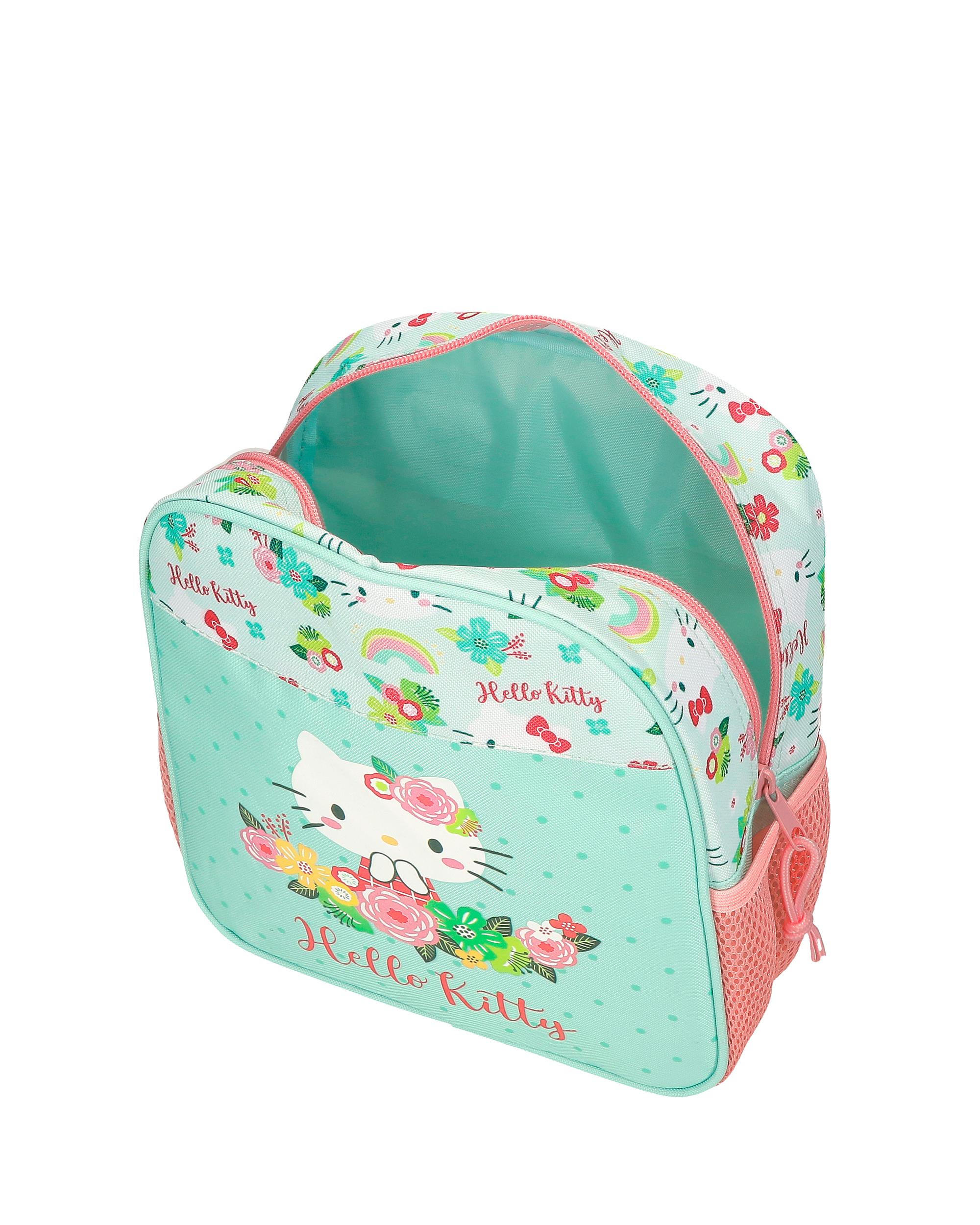Mochila Pré-escolar Hello Kitty Floral Kitty 25cm Adaptável a Carro Verde-4