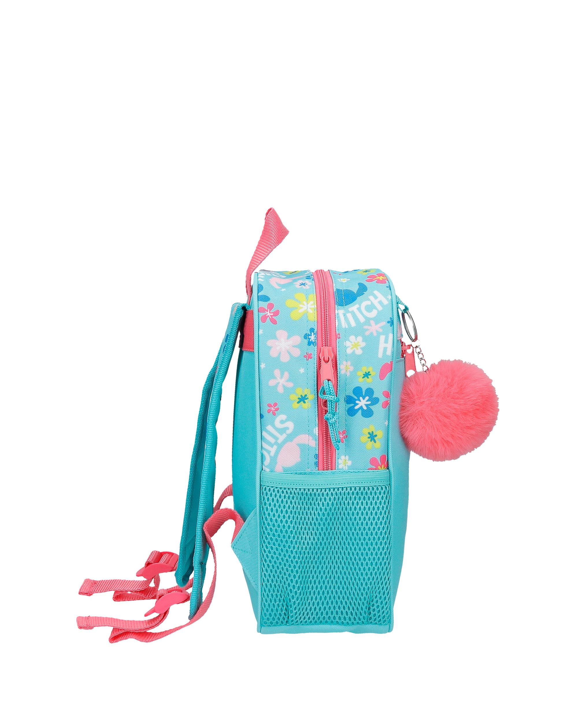 Mochila Aloha Stitch 28cm com Bolso Frontal e Pompom Decorativo Azul-2