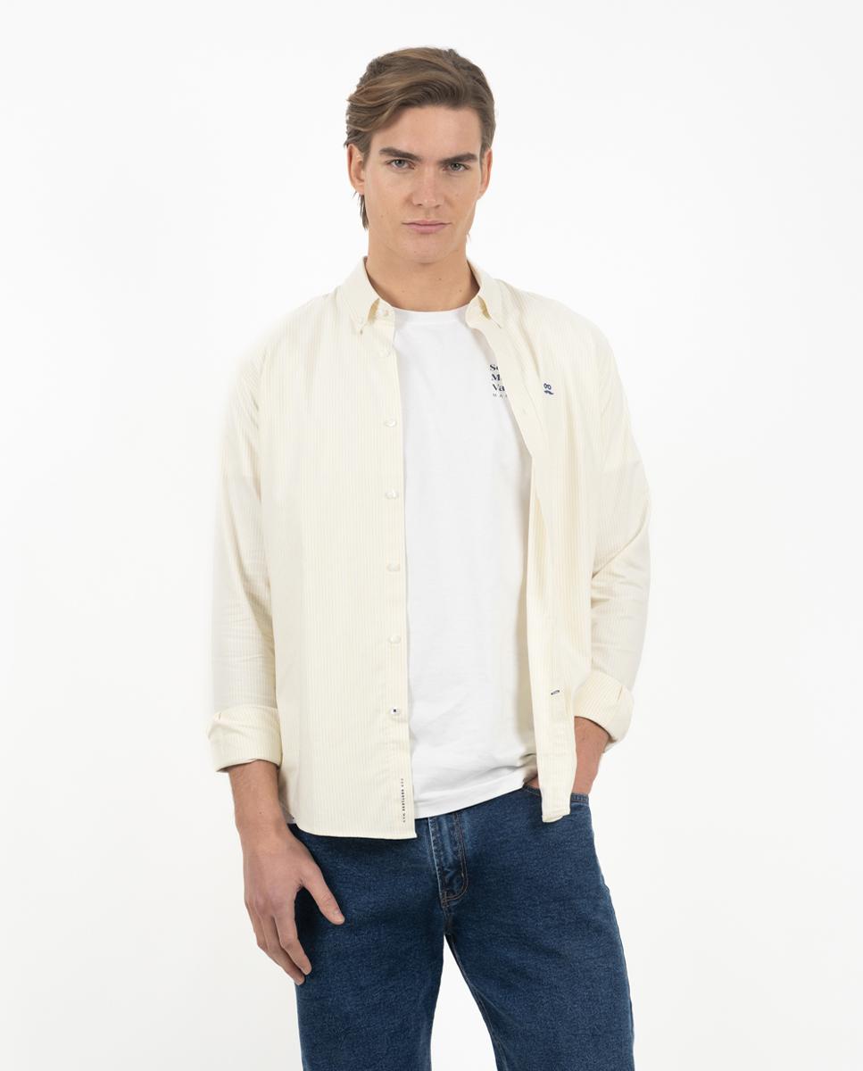 Camisa Oxford Slim de Manga Comprida com Estampado Às Riscas Amarelo-2