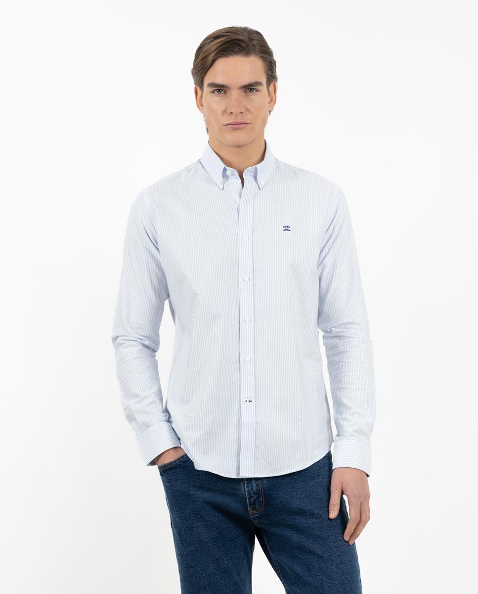Camisa Oxford Slim de Manga Comprida com Estampado Às Riscas Azul-celeste-2