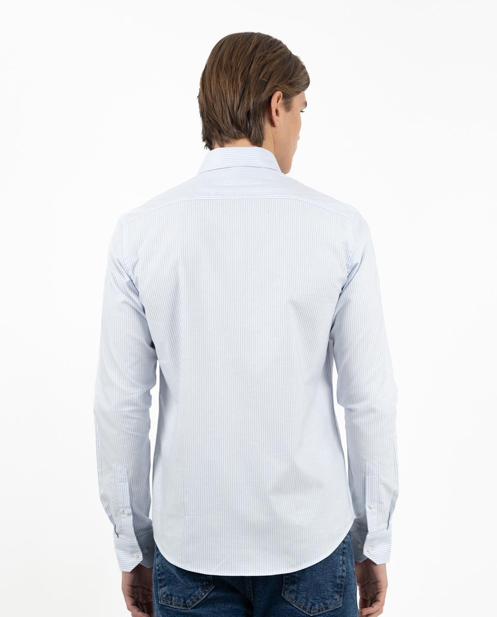 Camisa Oxford Slim de Manga Comprida com Estampado Às Riscas Azul-celeste-3