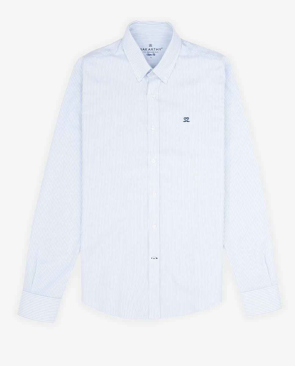 Camisa Oxford Slim de Manga Comprida com Estampado Às Riscas Azul-celeste-4