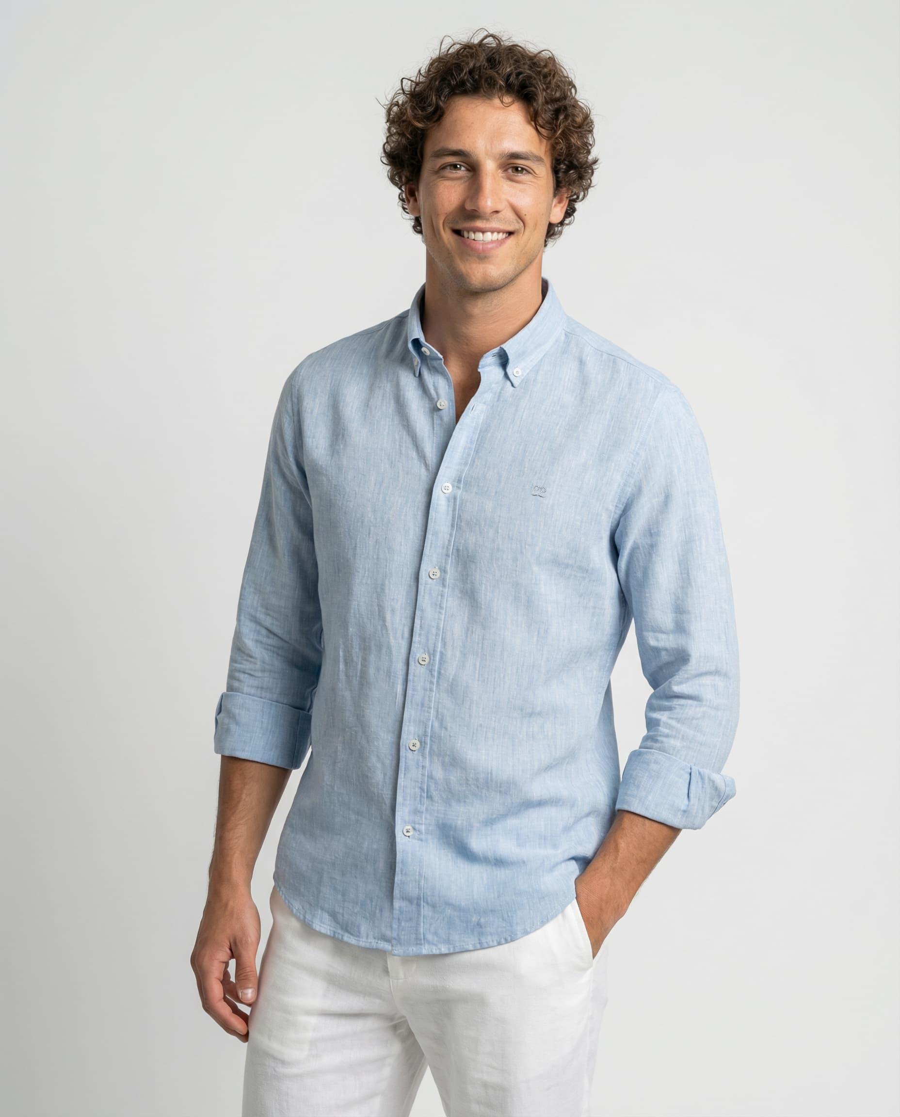 Camisa Slim de Manga Comprida Azul-claro-1