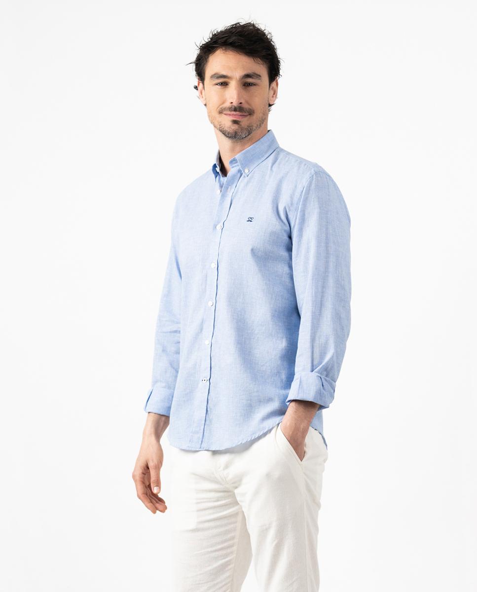 Camisa Slim de Manga Comprida com Estampado Aos Quadrados Azul-claro-2