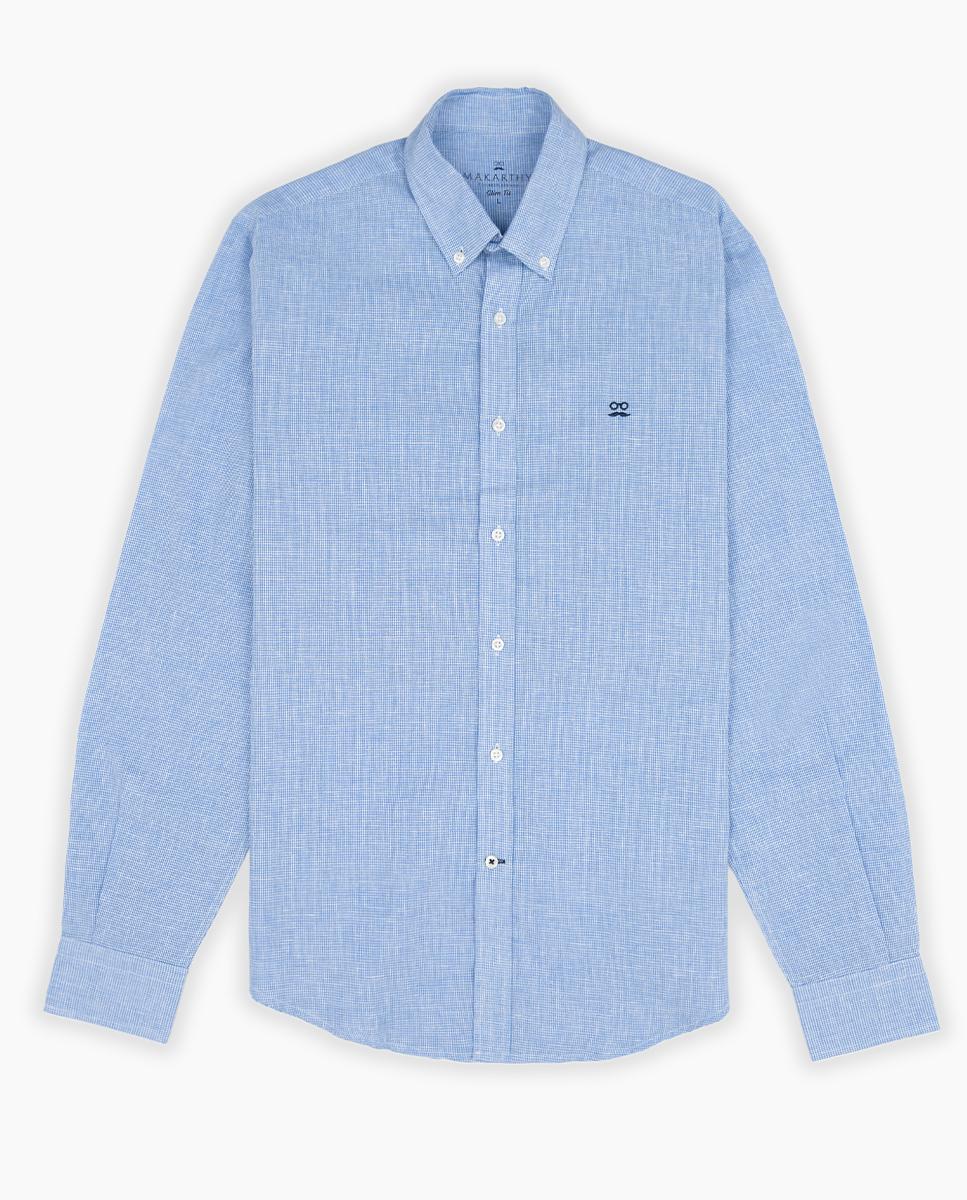Camisa Slim de Manga Comprida com Estampado Aos Quadrados Azul-claro-4