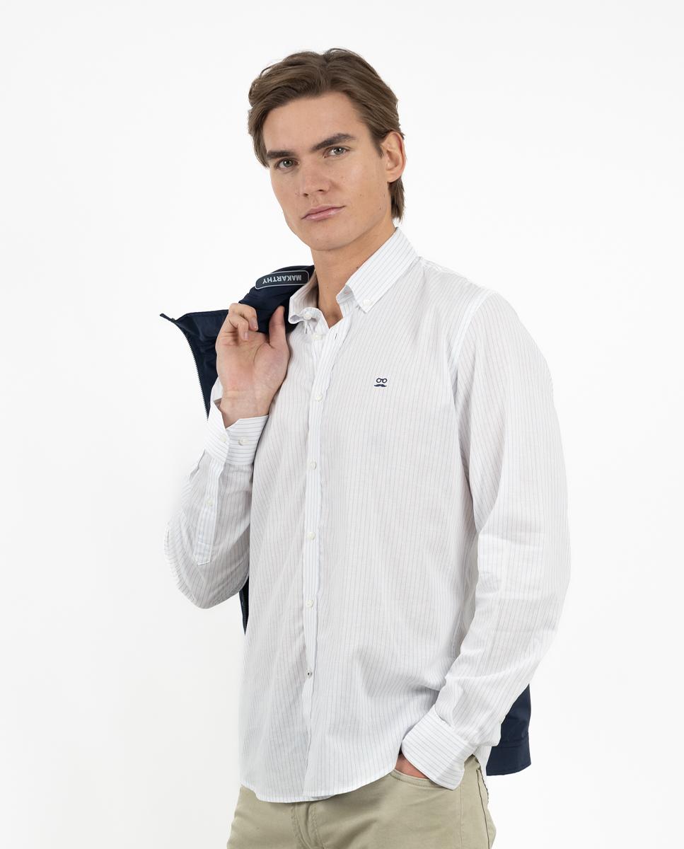 Camisa Slim de Manga Comprida com Estampado Às Riscas Azul-celeste-1