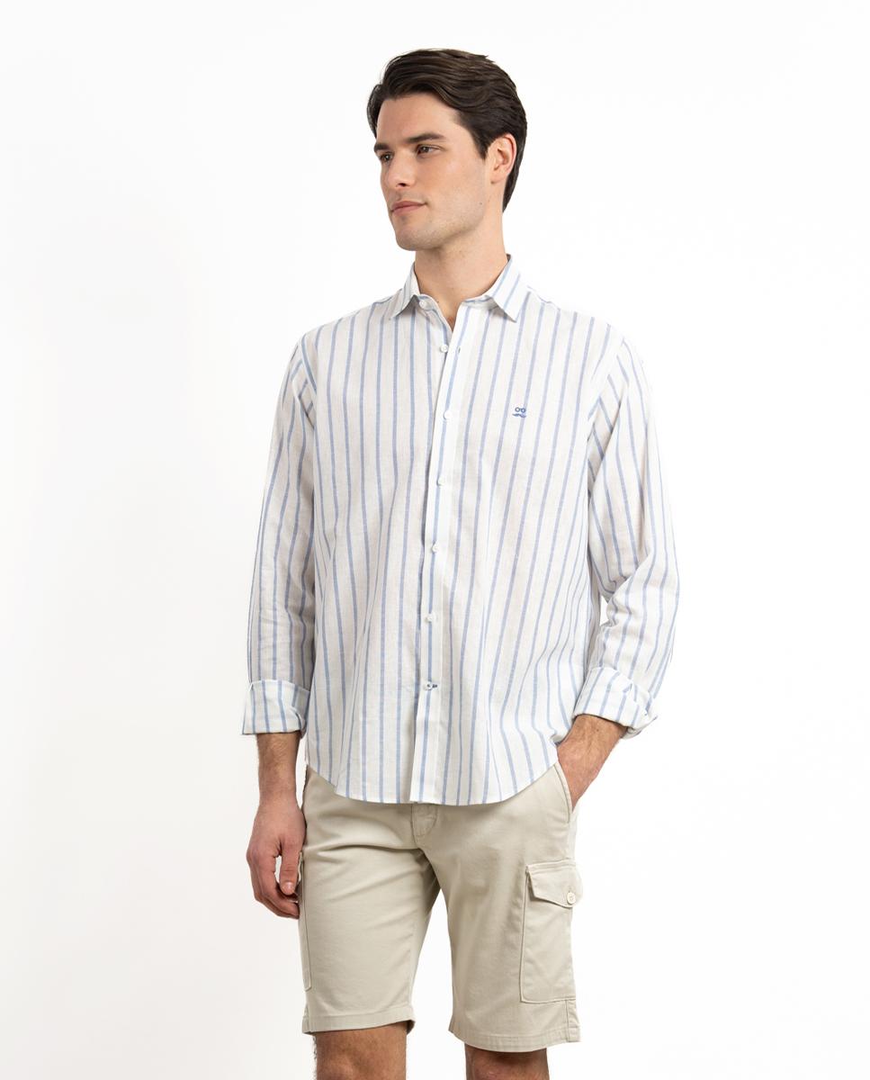 Camisa Slim de Manga Comprida com Estampado Às Riscas Azul-claro-2