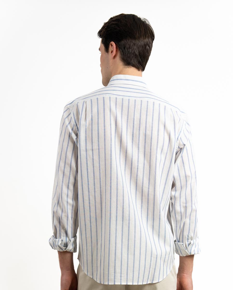 Camisa Slim de Manga Comprida com Estampado Às Riscas Azul-claro-3