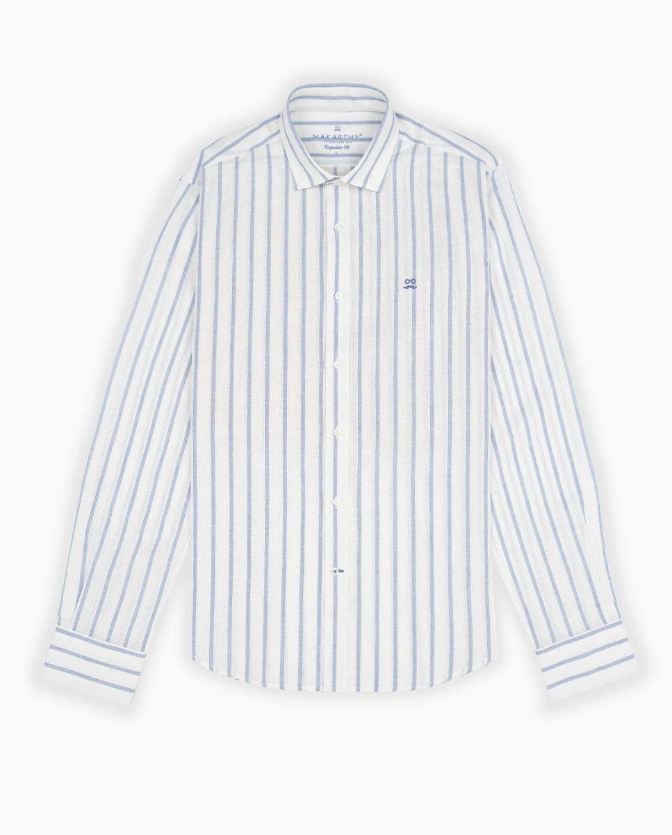 Camisa Slim de Manga Comprida com Estampado Às Riscas Azul-claro-4