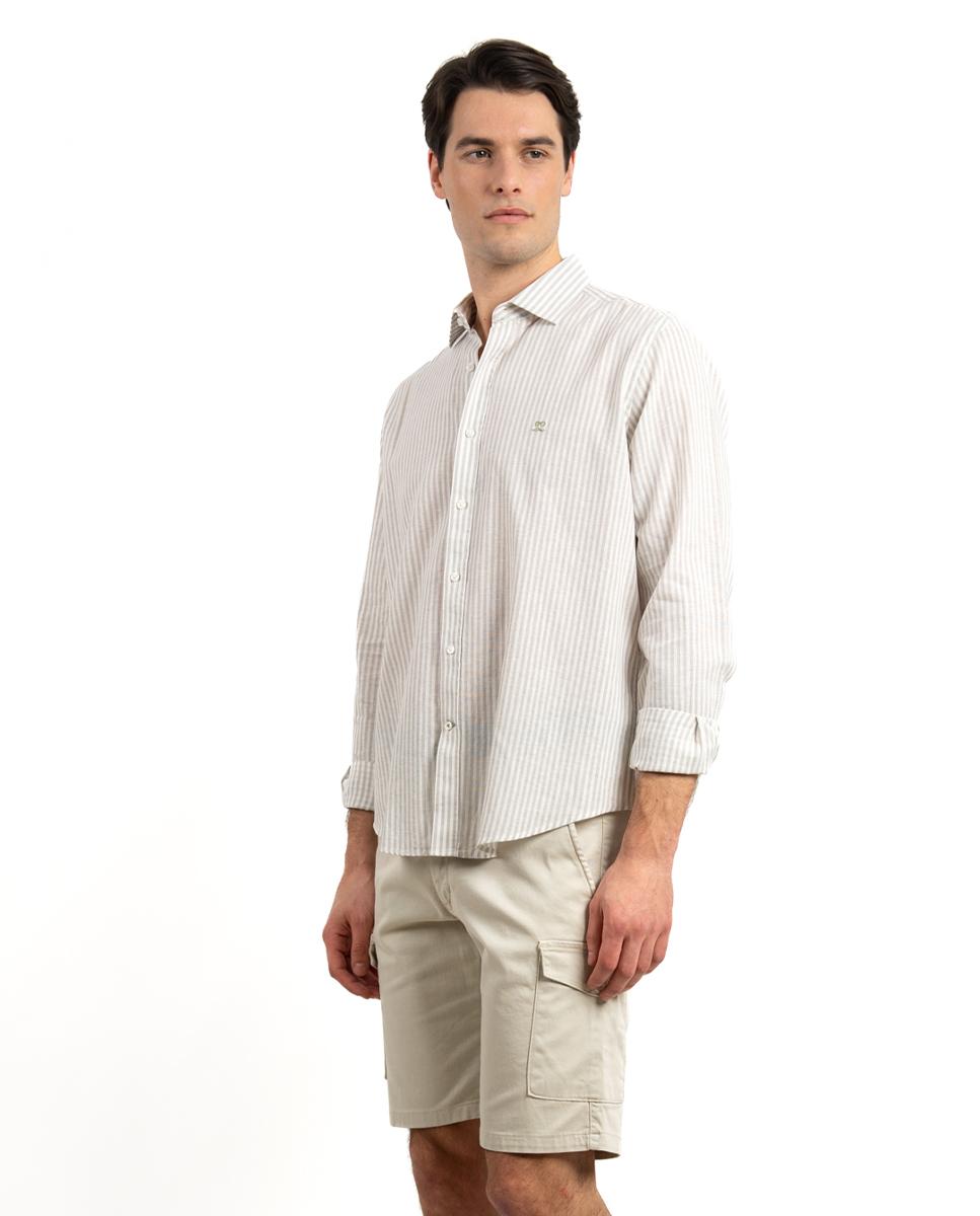 Camisa Regular de Manga Comprida com Estampado Às Riscas Cinzento-claro-2