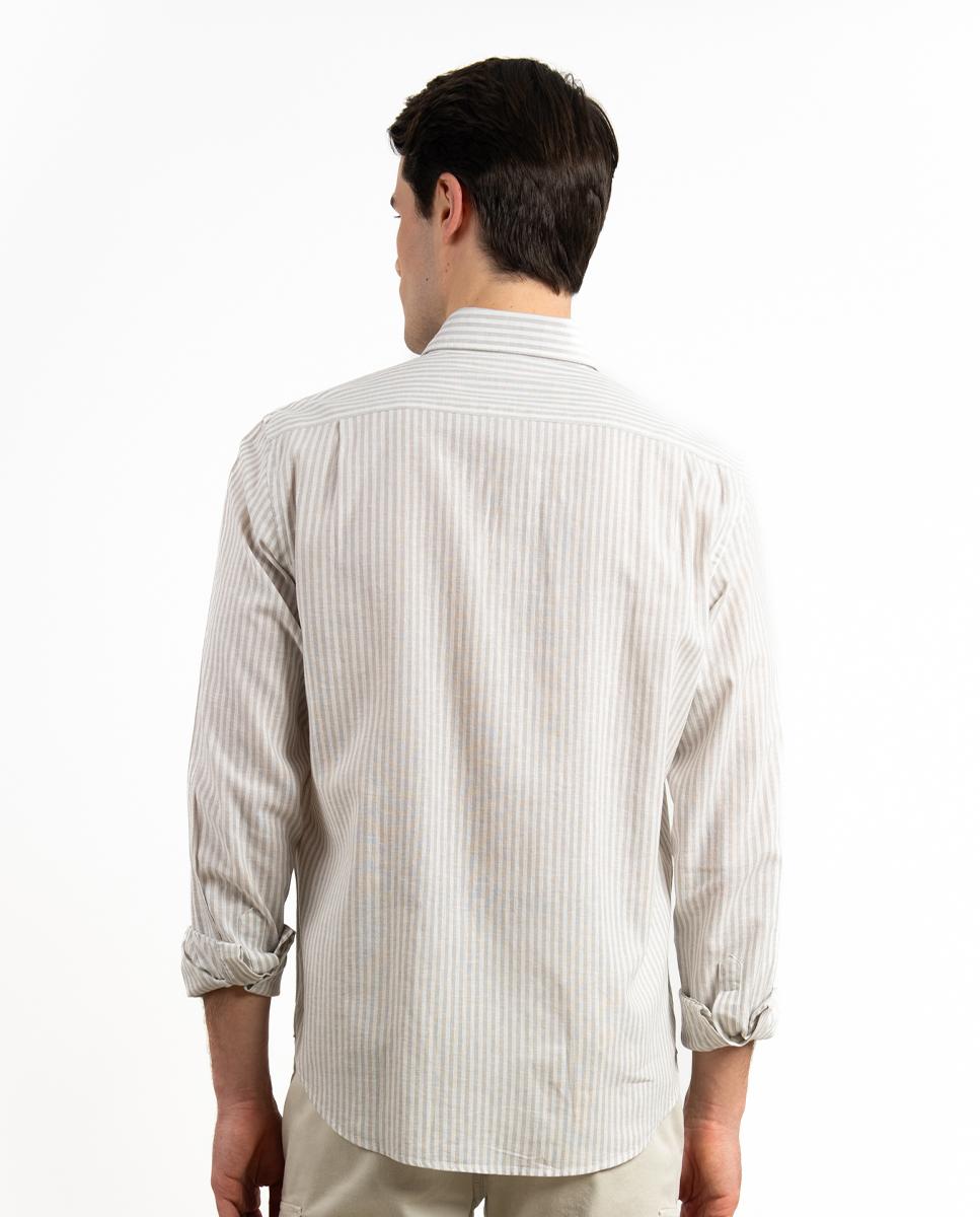 Camisa Regular de Manga Comprida com Estampado Às Riscas Cinzento-claro-3