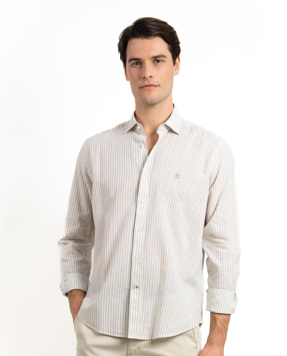 Camisa Regular de Manga Comprida com Estampado Às Riscas Cinzento-claro-1