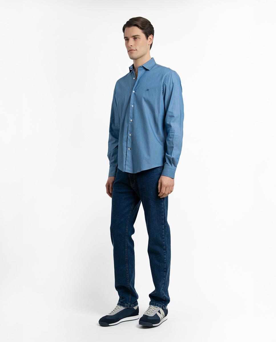 Camisa Slim de Manga Comprida Azul denim-3