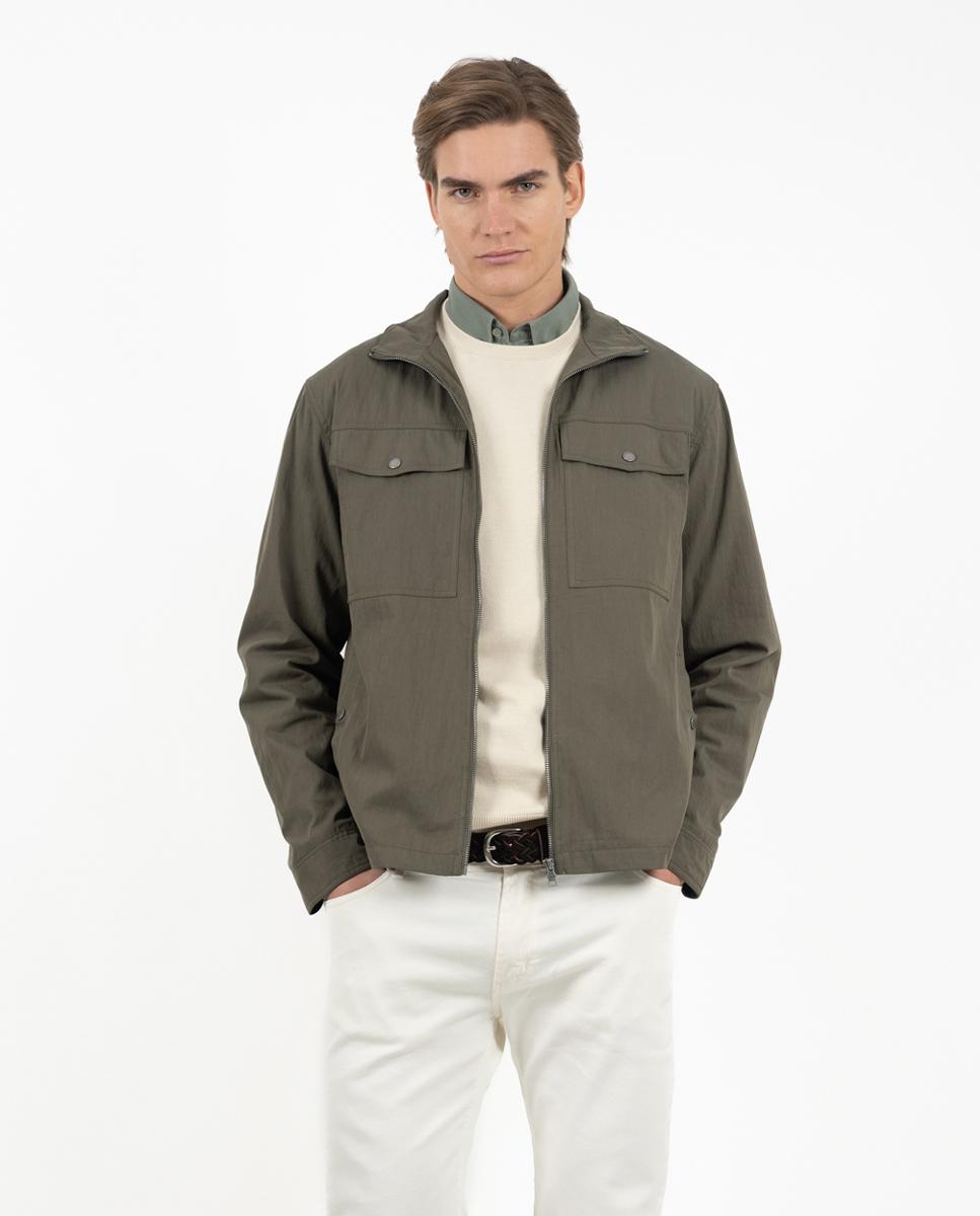 Casaco Encerado com Fecho Zip e Bolsos Verde-militar-2