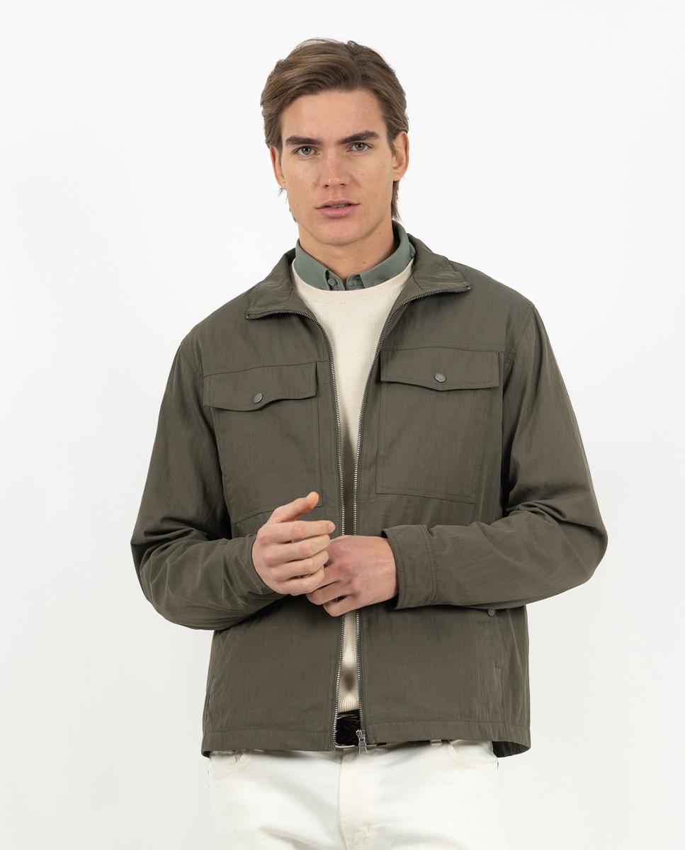 Casaco Encerado com Fecho Zip e Bolsos Verde-militar-4