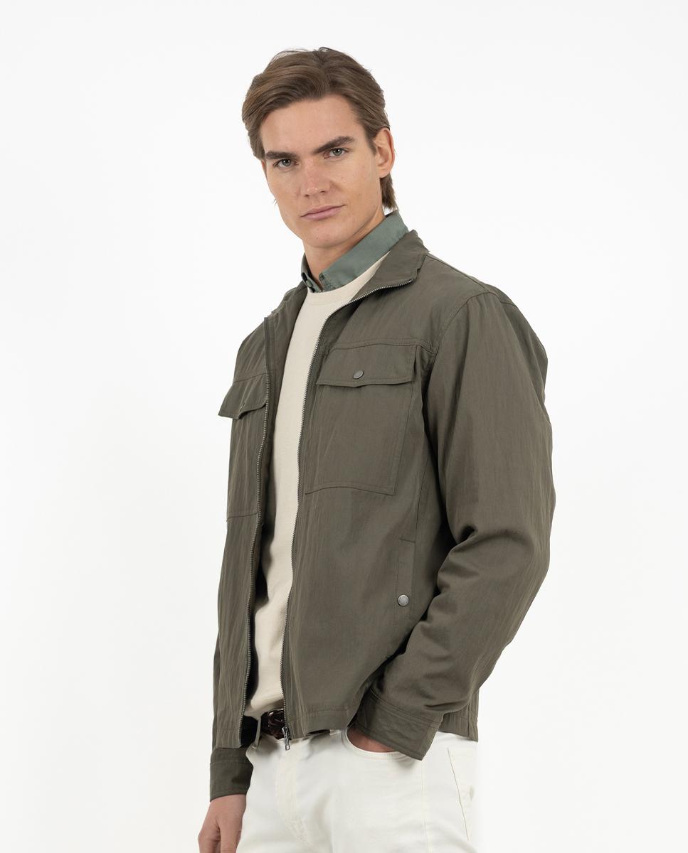 Casaco Encerado com Fecho Zip e Bolsos Verde-militar-1