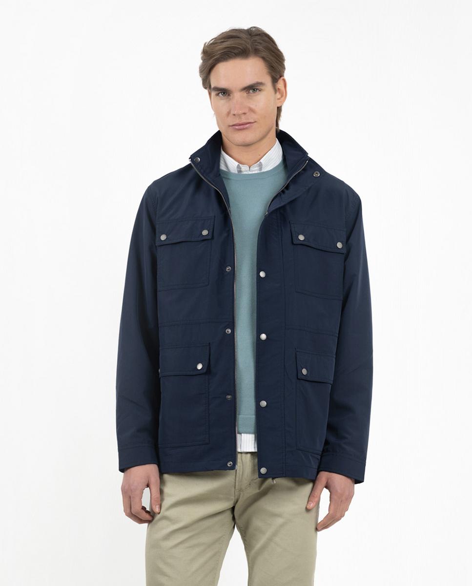 Parka em Nylon Impermeável com Fecho Zip e Botões Azul-marinho-3