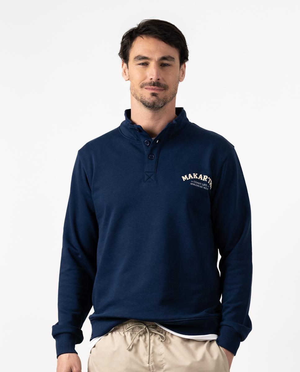 Sweatshirt sem Capuz com Botões na Gola Azul-marinho-1