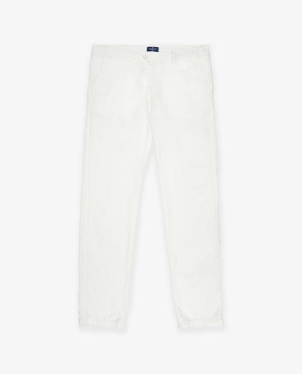 Calças de Linho Slim com Botão Branco-3