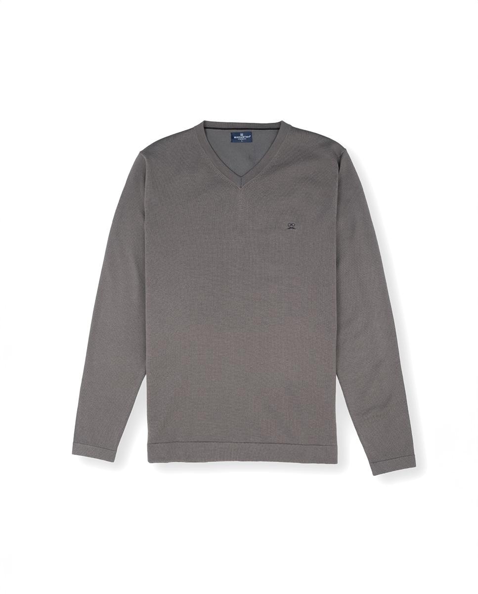 Camisola de Algodão com Gola em V Cinzento-2