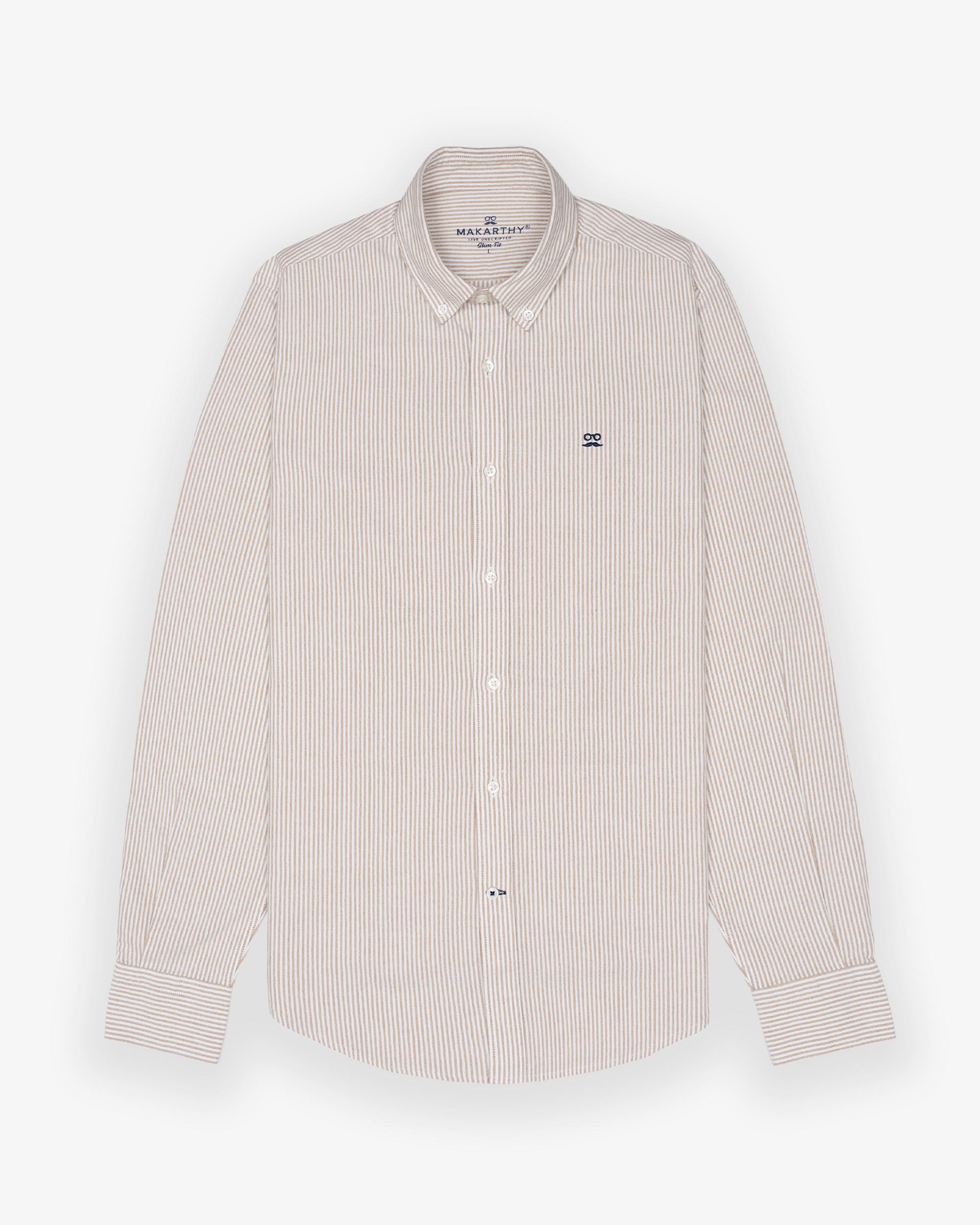 Camisa Oxford Slim com Estampado Às Riscas Avelã-2