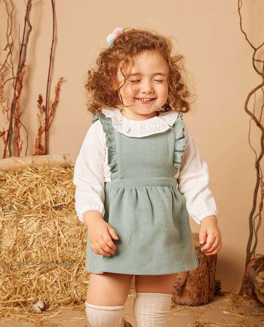 Vestido com folho para bebé em tecido verde liso