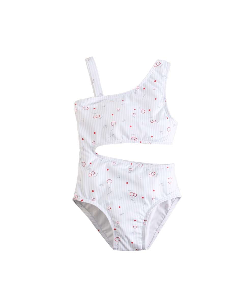 Trikini Infantil com Padrão Às Riscas e Estampado de Cerejas Azul-claro-4