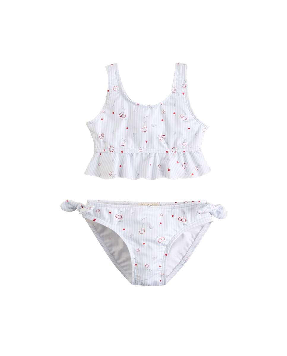 Biquíni Infantil com Padrão Às Riscas e Estampado de Cerejas Branco-gelo-4