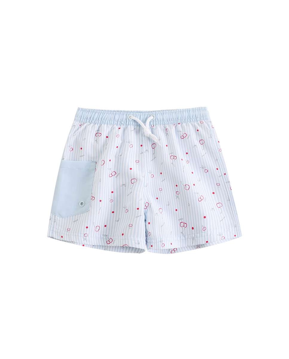 Fato de Banho Infantil com Padrão Às Riscas e Estampado de Cerejas Azul-claro-3