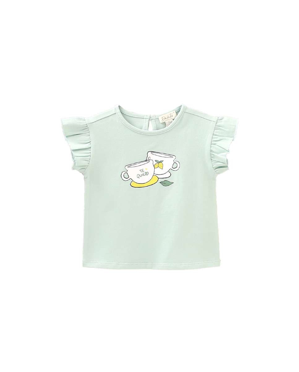 T-shirt para Bebé com Folhos e Desenho de Chávenas Verde-claro-2