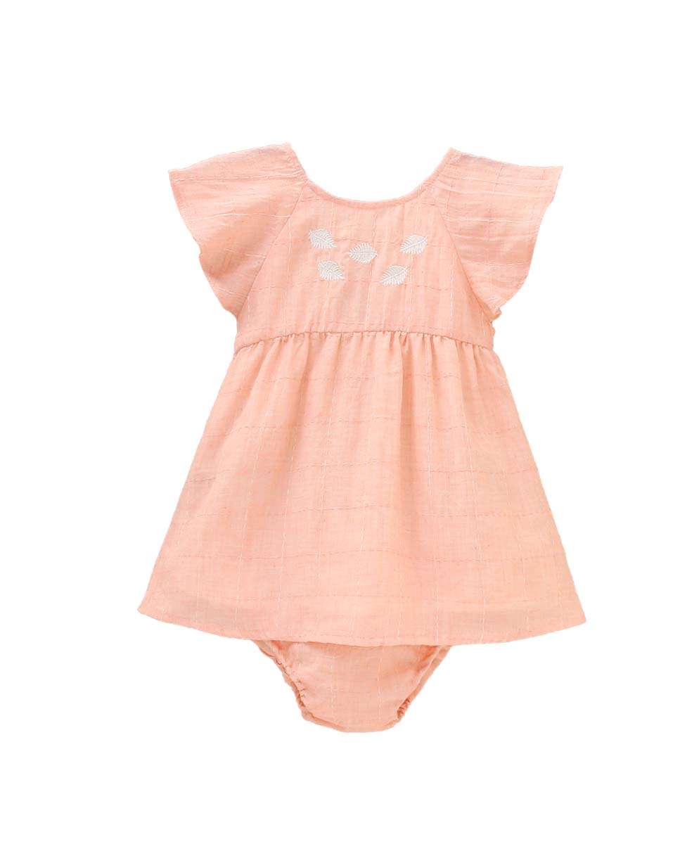 Vestido para Bebé com Detalhe Bordado e Gola em Conjunto Dadati Salmão-2