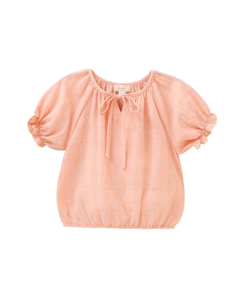 Blusa Infantil com Manga Curta Abalonada e Laçada no Decote Salmão-1