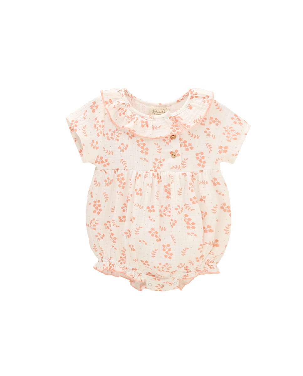Macacão Curto para Bebé com Gola Folho e Estampado de Raminhos Dadati Branco / Rosa-1