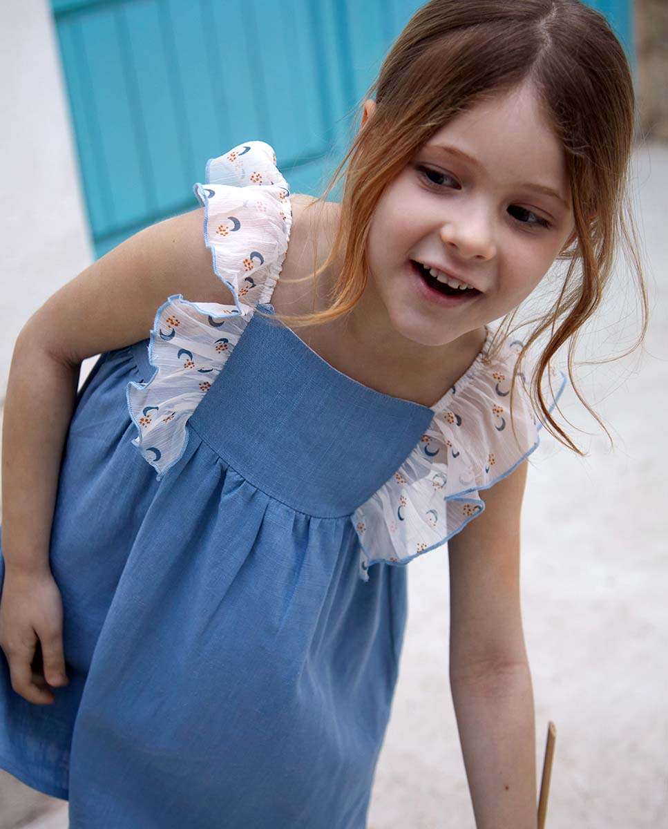 Vestido para Bebé com Folhos de Gase em Contraste e Gola em Conjunto Azul-1