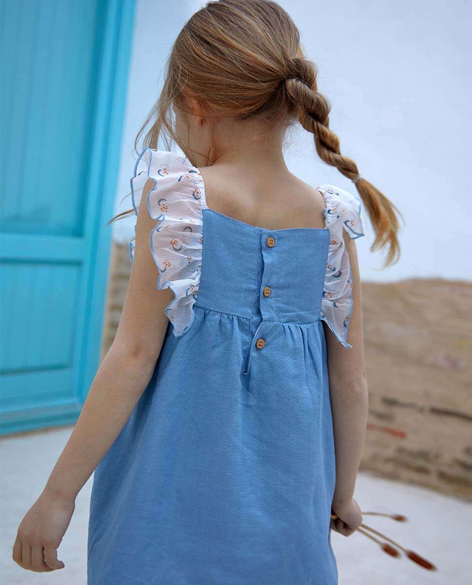 Vestido para Bebé com Folhos de Gase em Contraste e Gola em Conjunto Azul-2