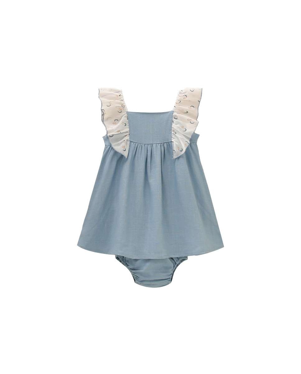 Vestido para Bebé com Folhos de Gase em Contraste e Gola em Conjunto Azul-3