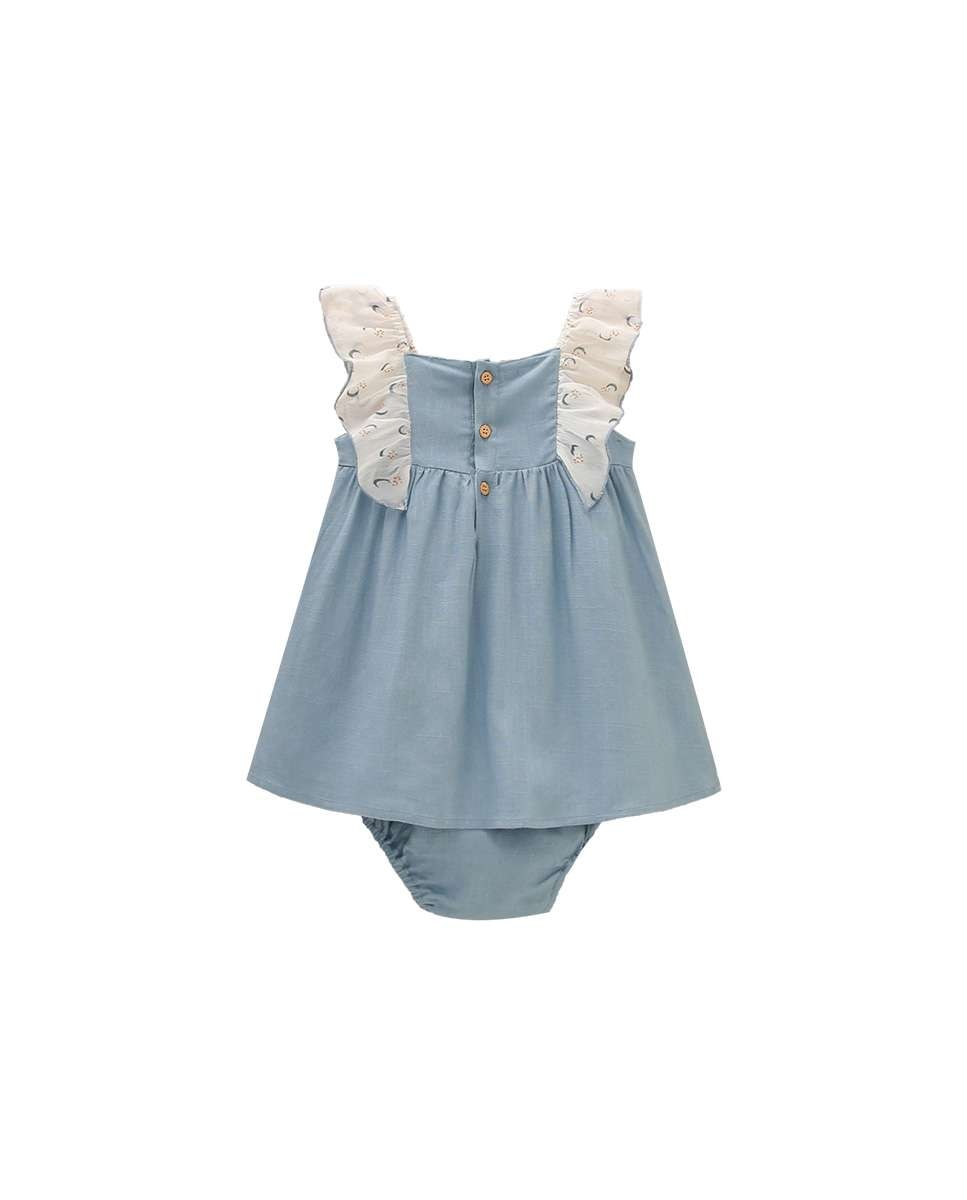 Vestido para Bebé com Folhos de Gase em Contraste e Gola em Conjunto Azul-4