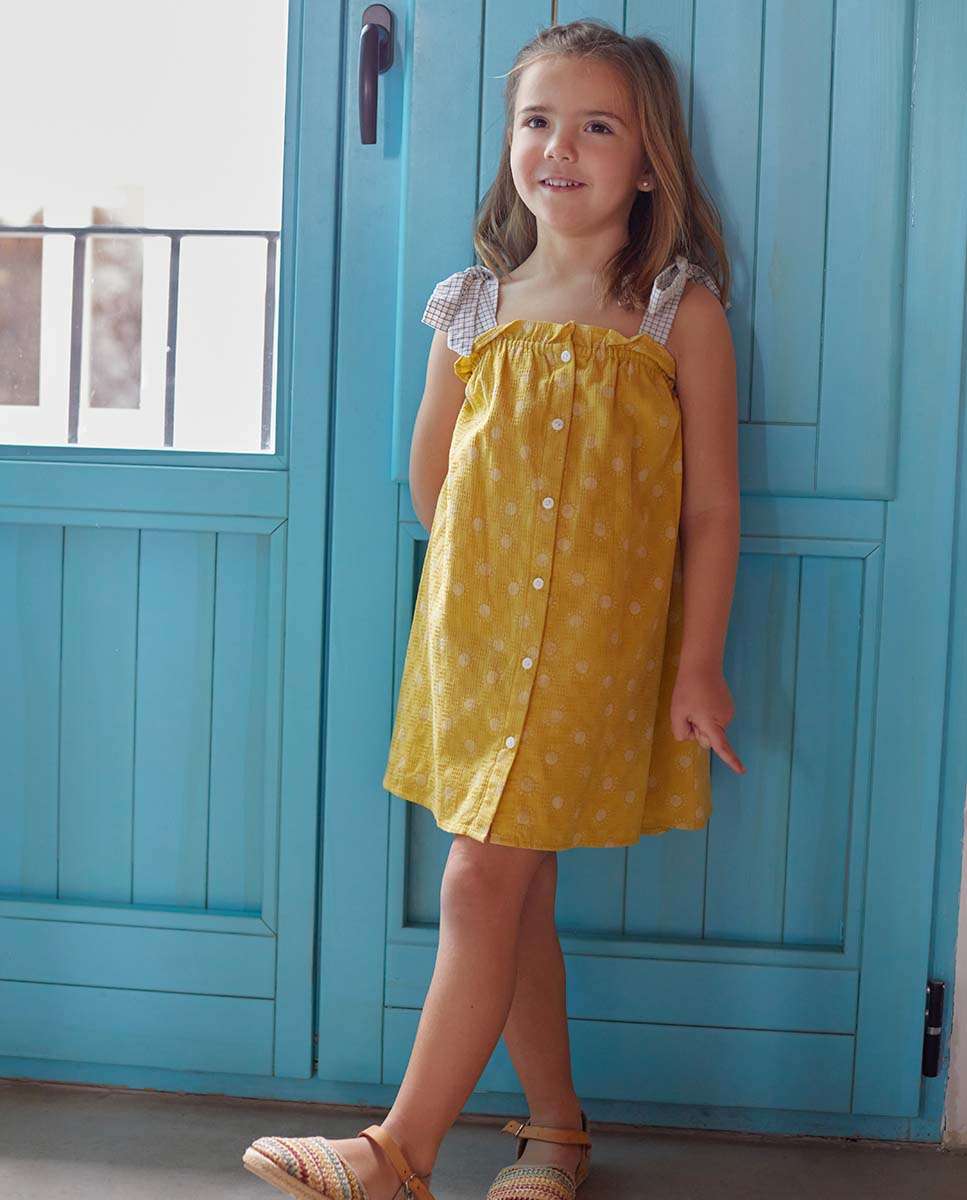 Vestido Infantil com Estampado de Sóis e Alças em Contraste Amarelo-1
