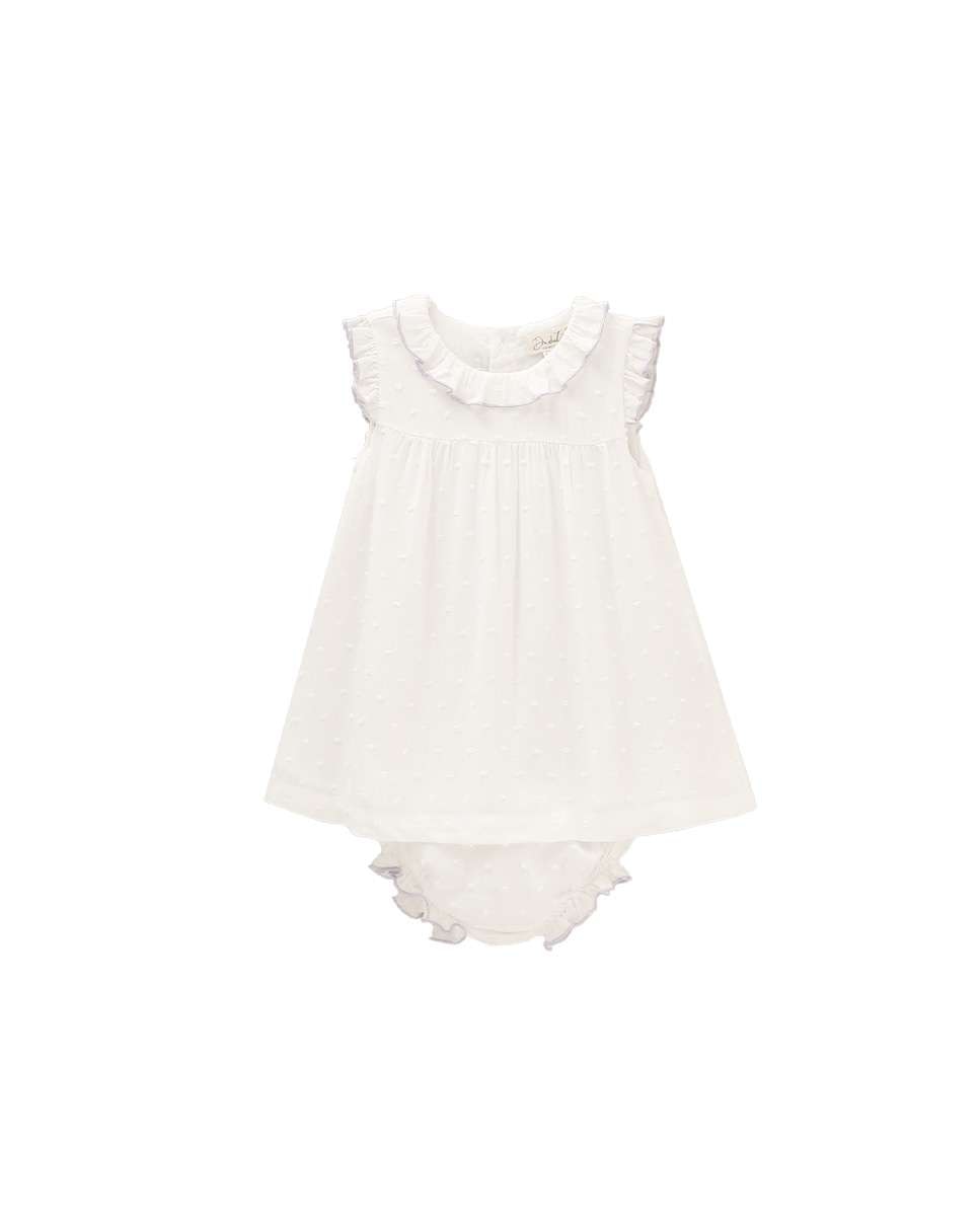 Vestido para Bebé em Plumeti com Rebordos em Contraste e Gola em Conjunto Dadati Branco-1