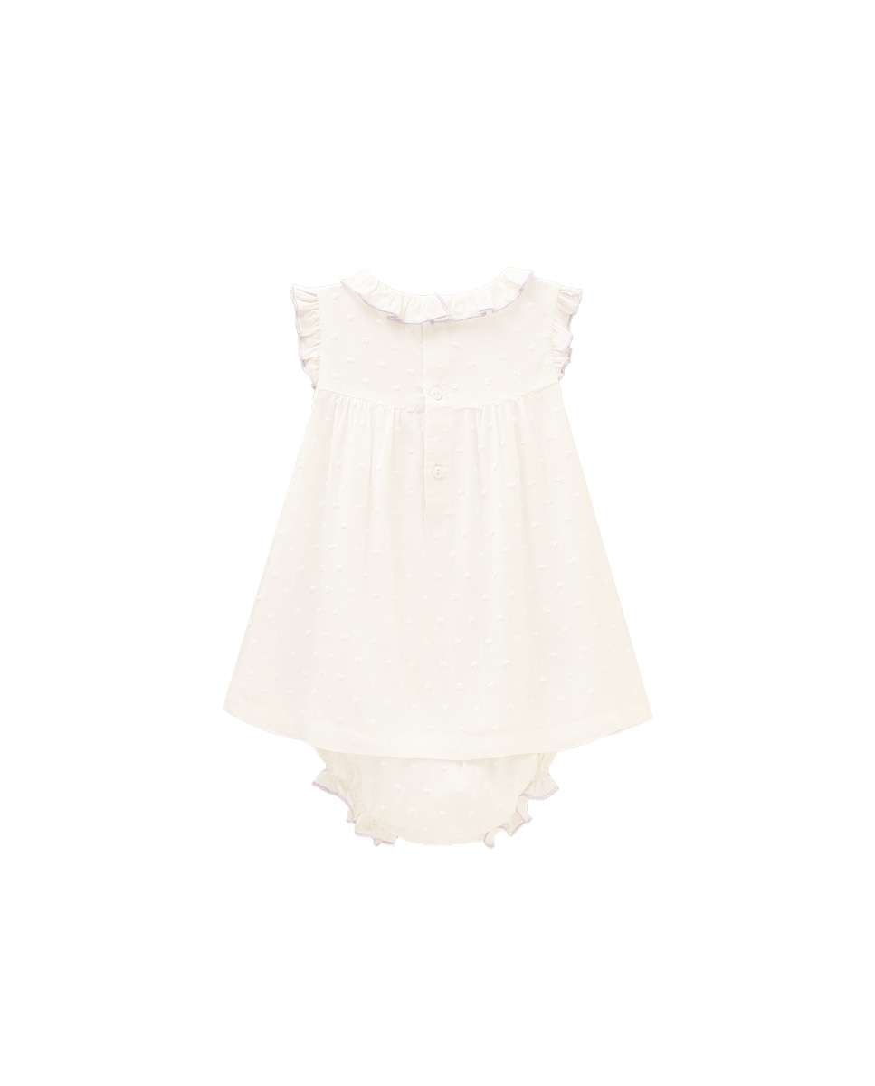 Vestido para Bebé em Plumeti com Rebordos em Contraste e Gola em Conjunto Dadati Branco-2