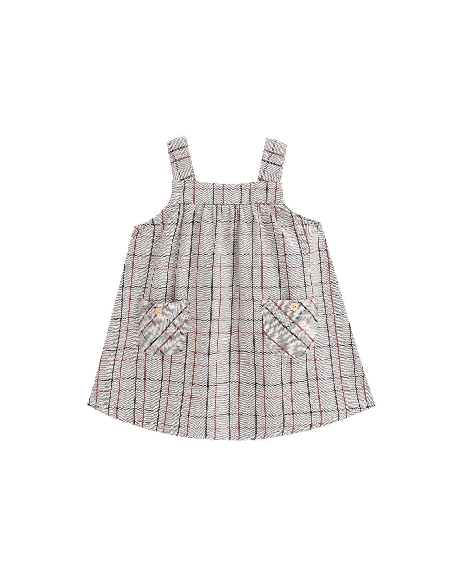 Vestido Curto para Bebé Aos Quadrados com Bolso Cinzento-1