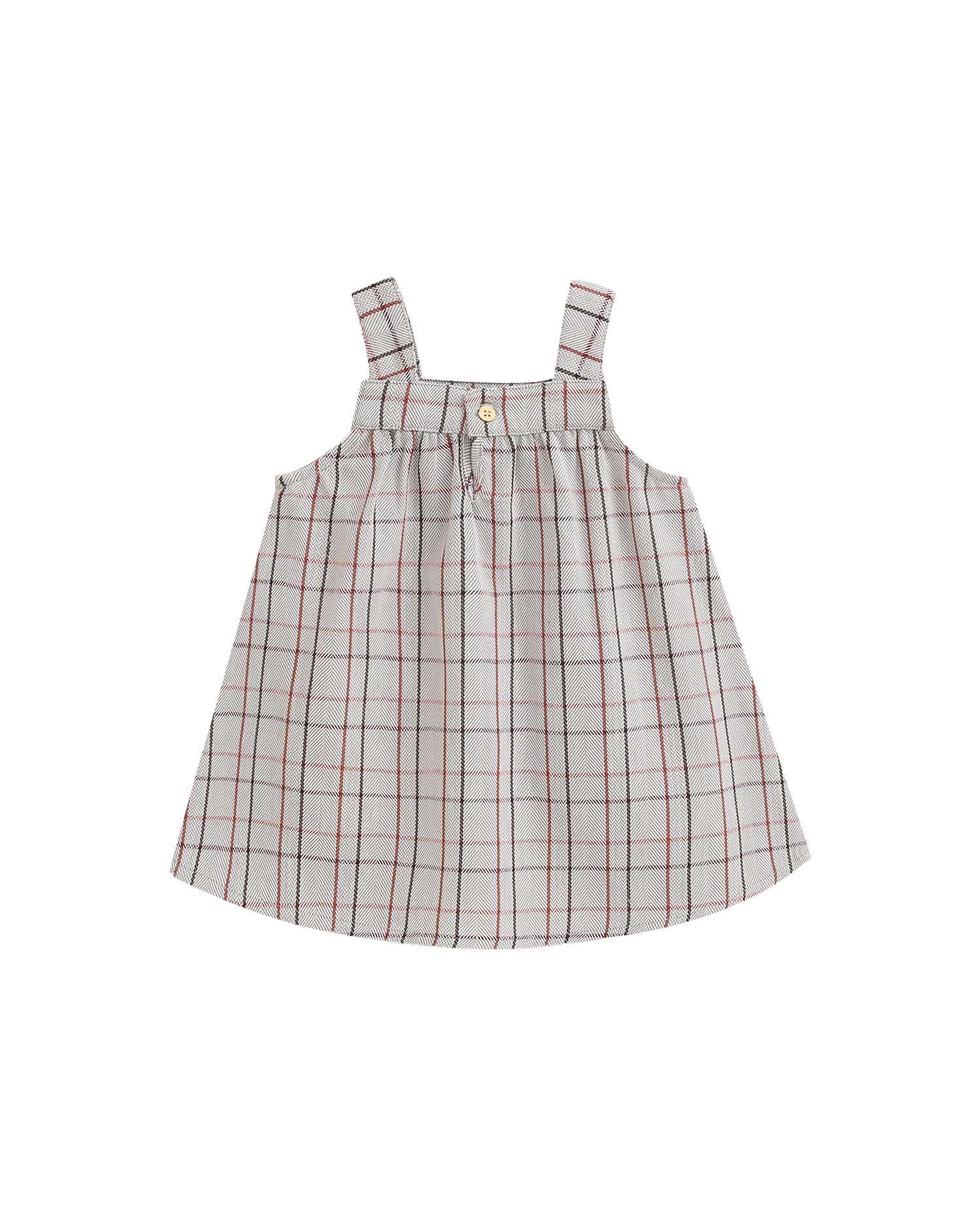 Vestido Curto para Bebé Aos Quadrados com Bolso Cinzento-2