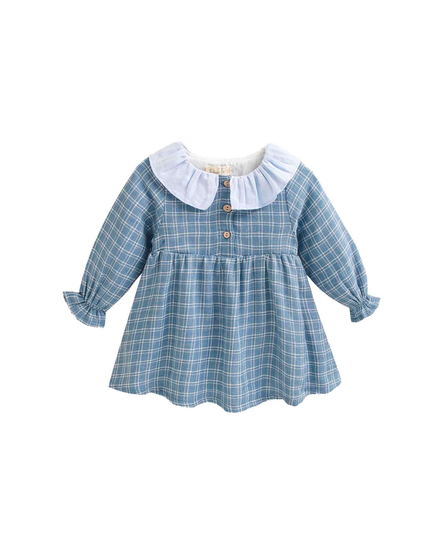 Vestido para Bebé Aos Quadrados com Gola Folho Azul-1