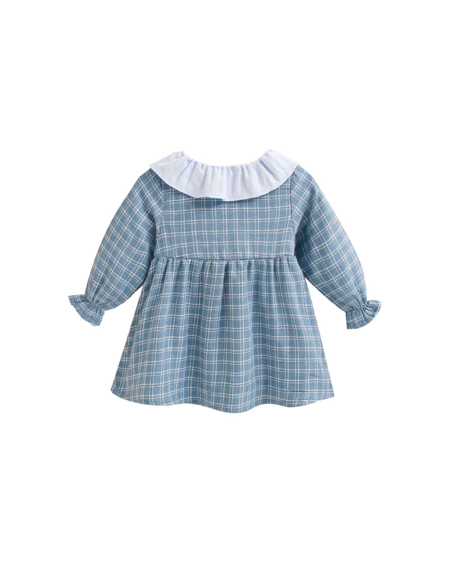 Vestido para Bebé Aos Quadrados com Gola Folho Azul-2