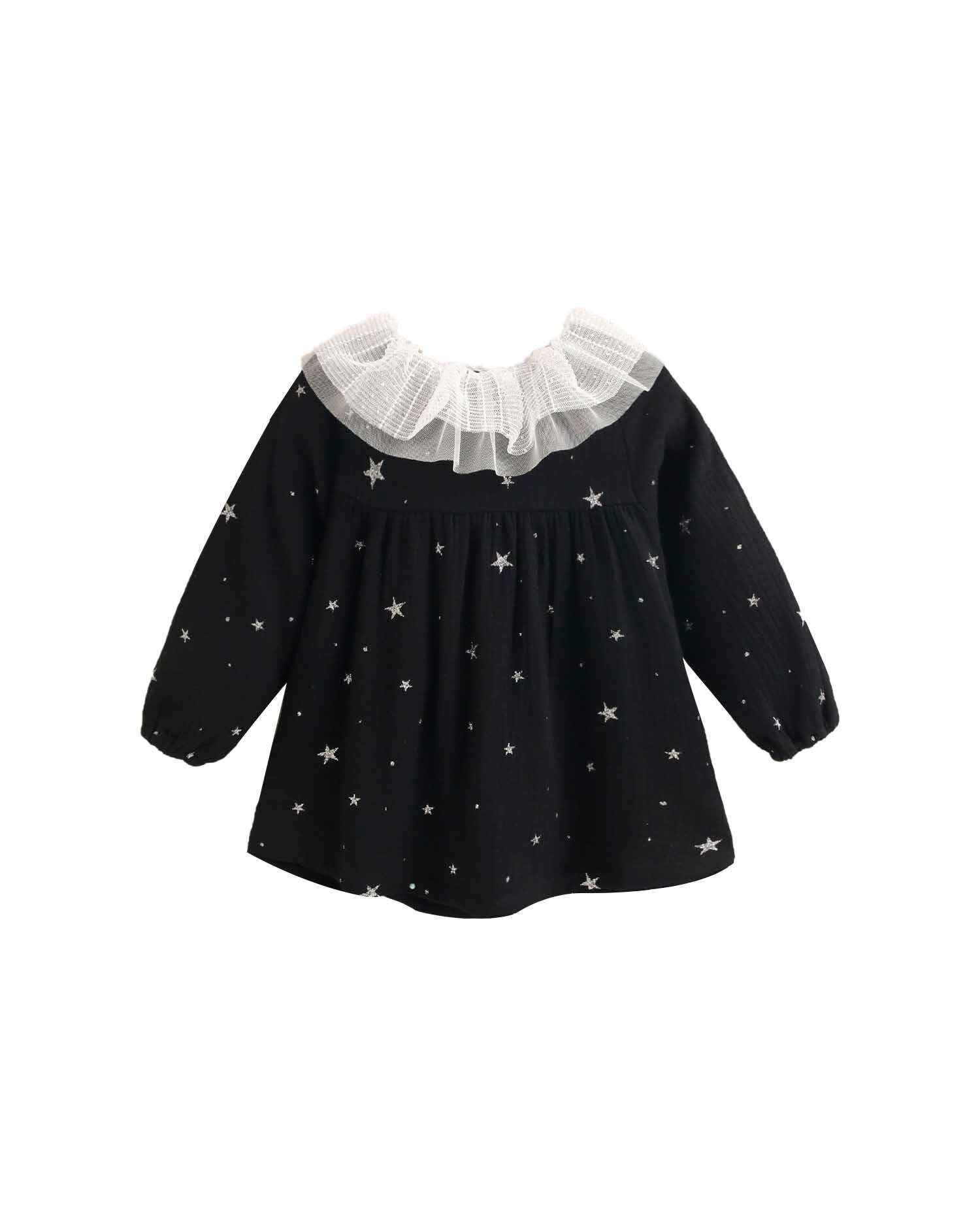 Vestido para Bebé Estampado com Gola Folho Preto-1